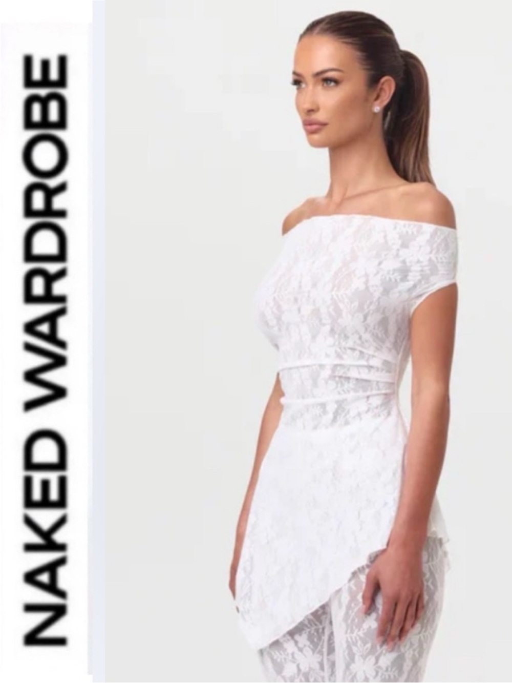 Naked Wardrobe 🤍 White Off-Shoulder Lace peplum off the shoulder top